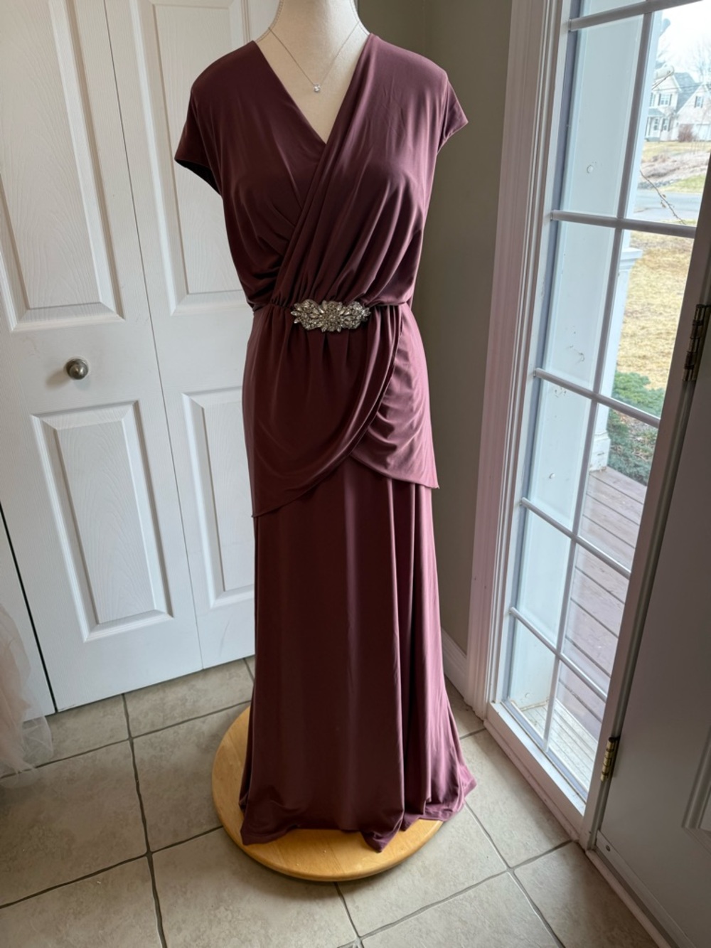 Oleg Cassini Dusty Rose Wrap-Front Maxi Dress with Jeweled Waist